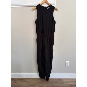 FLX Women's Sleeveless Black Jumpsuit Cinch Waist Medium Cargo Jogger Athleisure